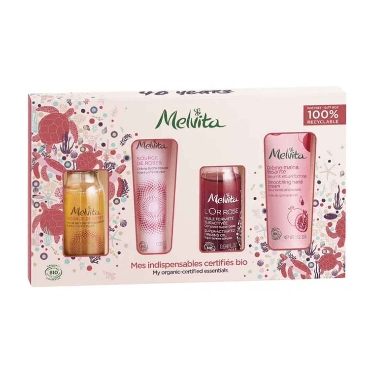 [Melvita] My Organic Essentials 4-Piece Travel Set — Cleansing Oil 30ml, Cream 10ml, Firming Oil 28ml, Hand Cream 30ml