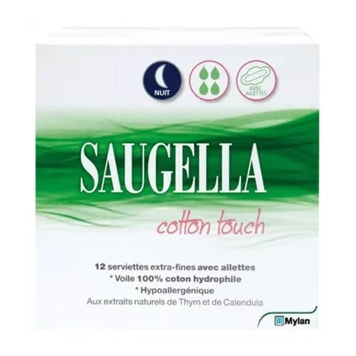 [SAUGELLA] Cotton Touch Ultra-Thin Slim Night Sanitary Pads with Wings, 12pcs (Heavy Flow)